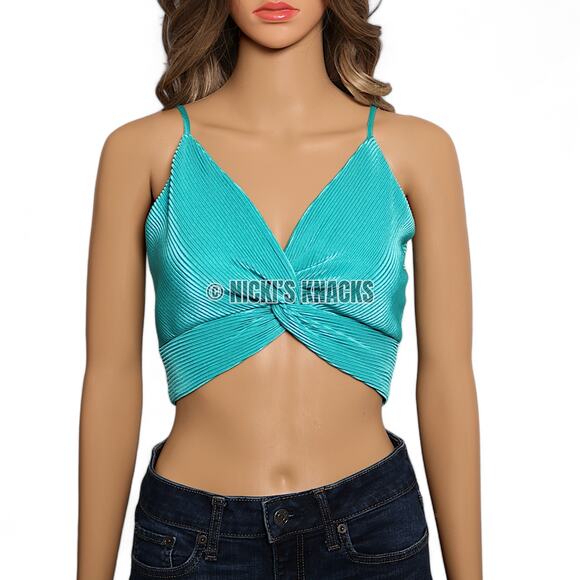 Ro & De Twist Front Ribbed Satin Crop Top Turquoise Festival Y2K Style Size S - Picture 3 of 11
